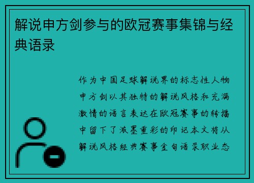 解说申方剑参与的欧冠赛事集锦与经典语录