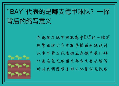 “BAY”代表的是哪支德甲球队？一探背后的缩写意义